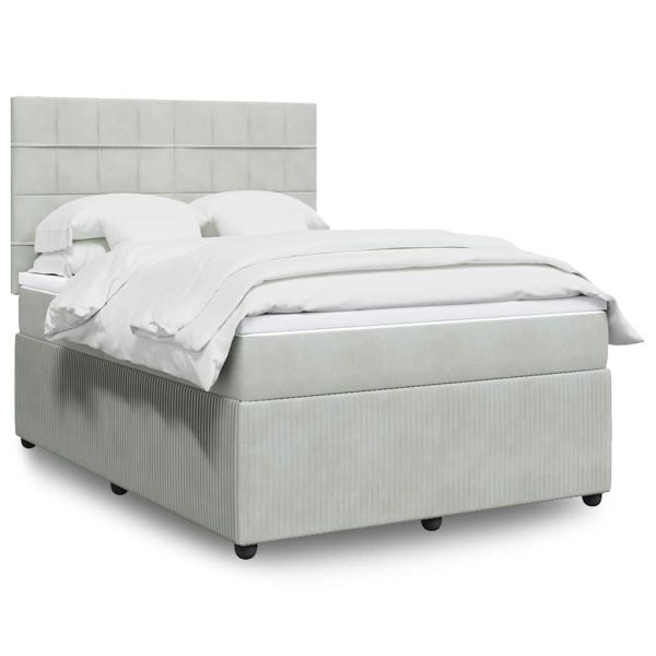 Pat box spring cu saltea, gri deschis, 140×190 cm, catifea