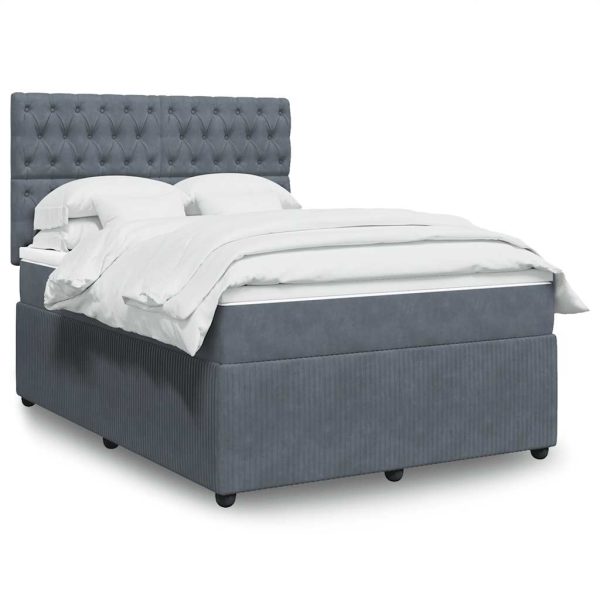 Pat box spring cu saltea, gri închis, 140×190 cm, catifea