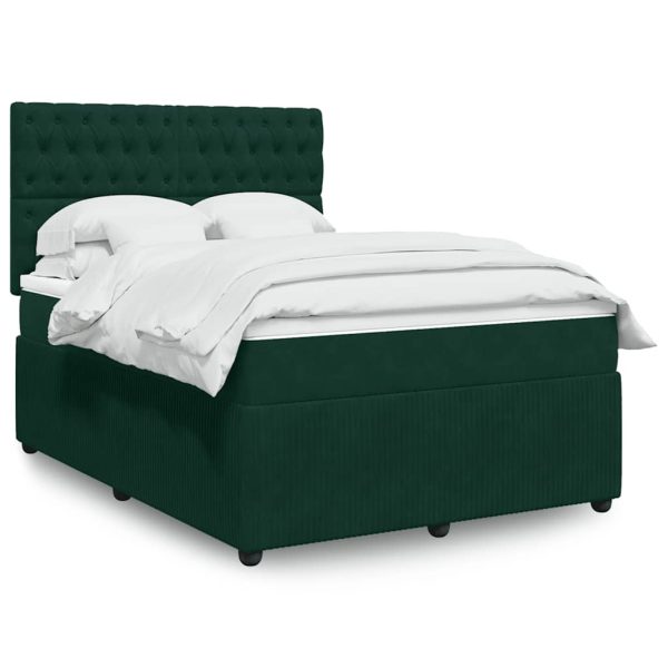 Pat box spring cu saltea, verde închis, 140×190 cm, catifea