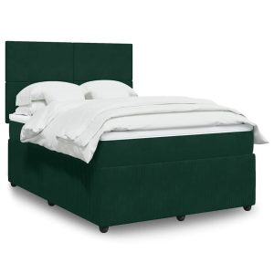 Pat box spring cu saltea, verde închis, 140×200 cm, catifea