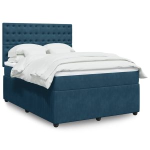 Pat box spring cu saltea, albastru închis, 140×200 cm, catifea