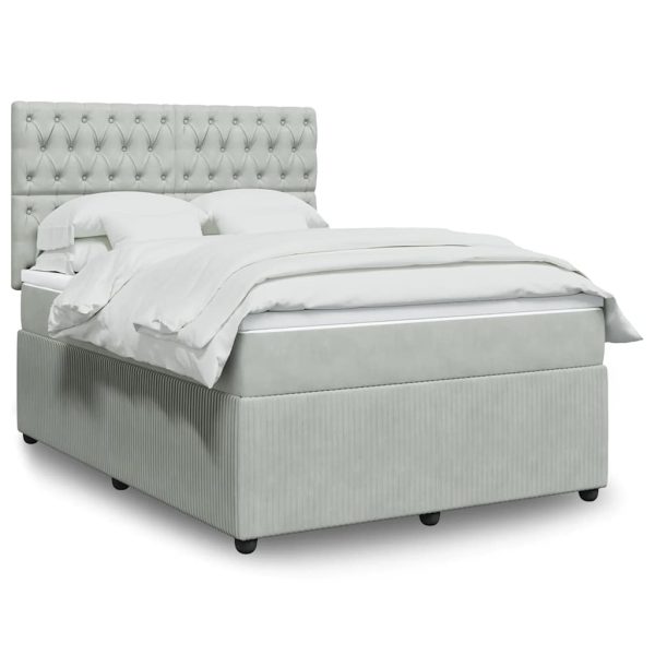 Pat box spring cu saltea, gri deschis, 160×200 cm, catifea