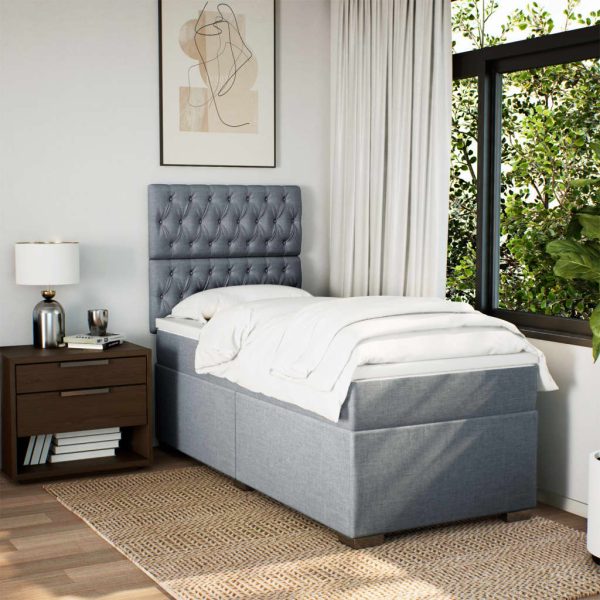 Pat box spring cu saltea, gri deschis, 90×190 cm, textil