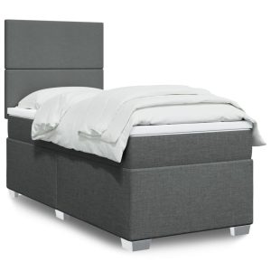 Pat box spring cu saltea, gri închis, 90×200 cm, textil