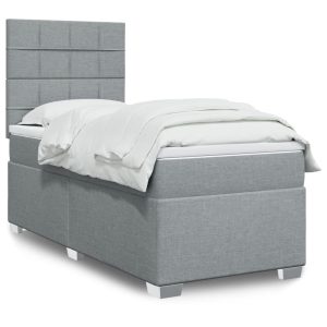 Pat box spring cu saltea, gri deschis, 90×200 cm, textil