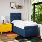 Pat box spring cu saltea, albastru, 90×200 cm, textil