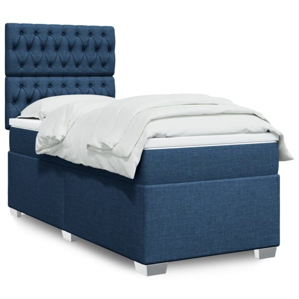 Pat box spring cu saltea, albastru, 90×200 cm, textil