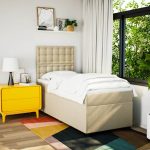 Pat box spring cu saltea, crem, 90×200 cm, textil