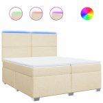 Pat box spring cu saltea, crem, 200×200 cm, textil