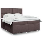 Pat box spring cu saltea, maro închis, 200×200 cm, textil