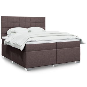 Pat box spring cu saltea, maro închis, 200×200 cm, textil