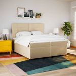 Pat box spring cu saltea, crem, 200×200 cm, textil