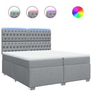 Pat box spring cu saltea, gri deschis, 200×200 cm, textil