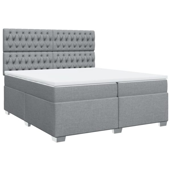 Pat box spring cu saltea, gri deschis, 200×200 cm, textil