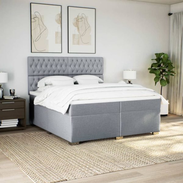 Pat box spring cu saltea, gri deschis, 200×200 cm, textil