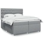 Pat box spring cu saltea, gri deschis, 200×200 cm, textil