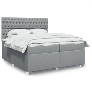 Pat box spring cu saltea, gri deschis, 200×200 cm, textil