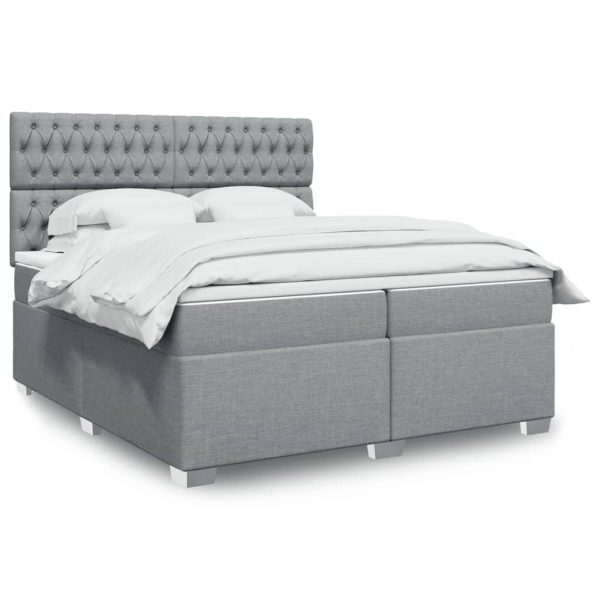 Pat box spring cu saltea, gri deschis, 200×200 cm, textil