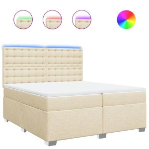Pat box spring cu saltea, crem, 200×200 cm, textil
