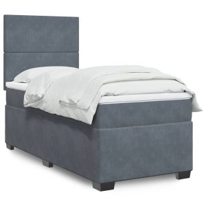 Pat box spring cu saltea, gri închis, 80×200 cm, catifea