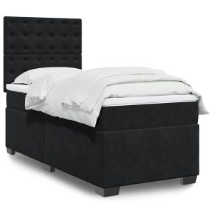 Pat box spring cu saltea, negru, 80×200 cm, catifea