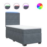 Pat box spring cu saltea, gri închis, 90×190 cm, catifea