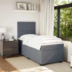Pat box spring cu saltea, gri închis, 90×190 cm, catifea