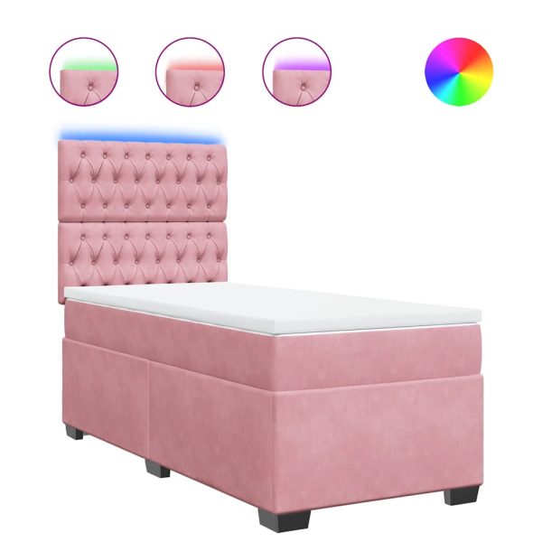 Pat box spring cu saltea, roz, 90×190 cm, catifea