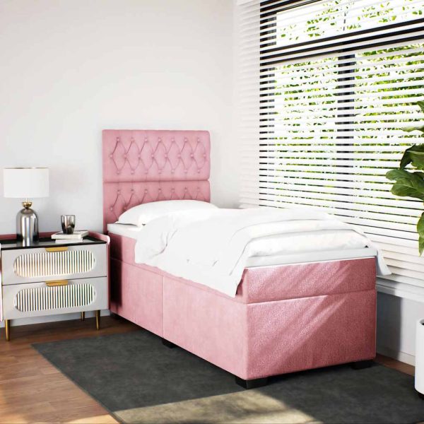 Pat box spring cu saltea, roz, 90×190 cm, catifea