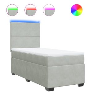 Pat box spring cu saltea, gri deschis, 90×200 cm, catifea