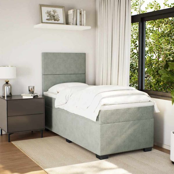 Pat box spring cu saltea, gri deschis, 90×200 cm, catifea