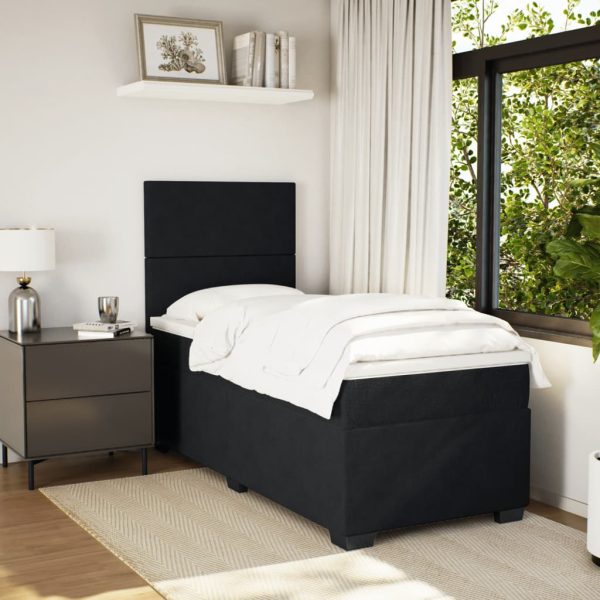 Pat box spring cu saltea, negru, 90×200 cm, catifea