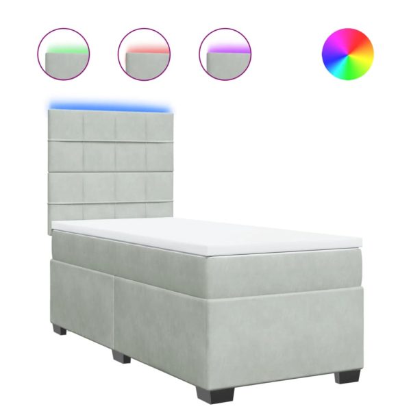 Pat box spring cu saltea, gri deschis, 90×200 cm, catifea