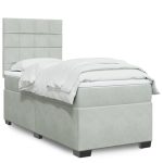 Pat box spring cu saltea, gri deschis, 90×200 cm, catifea