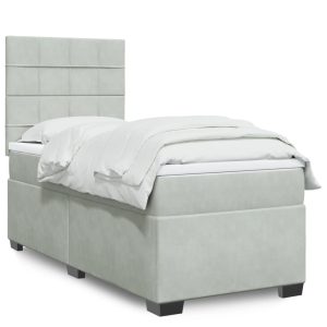 Pat box spring cu saltea, gri deschis, 90×200 cm, catifea