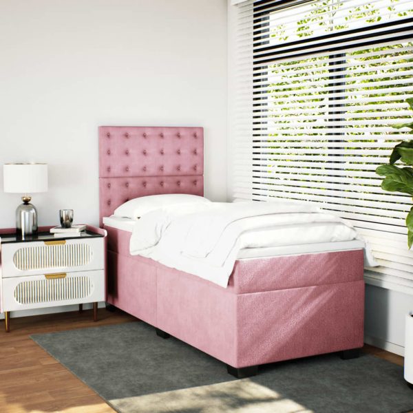 Pat box spring cu saltea, roz, 90×200 cm, catifea
