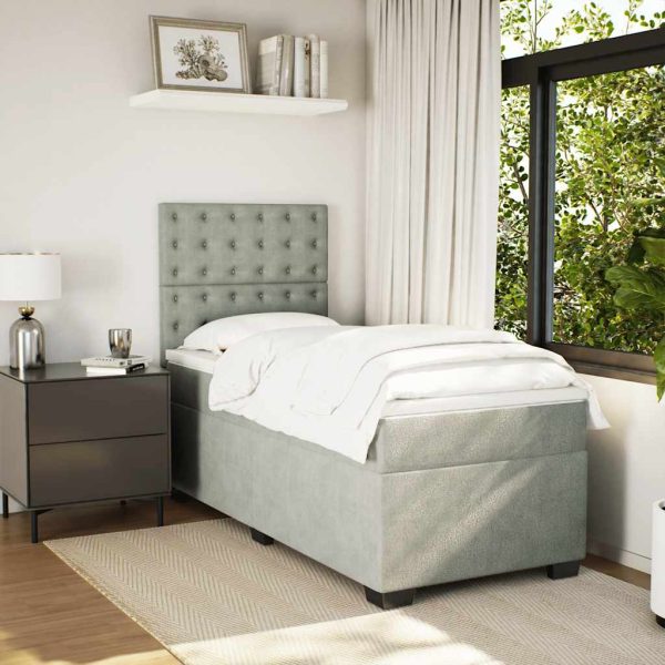 Pat box spring cu saltea, gri deschis, 100×200 cm, catifea