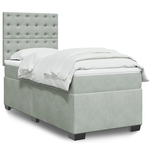 Pat box spring cu saltea, gri deschis, 100×200 cm, catifea