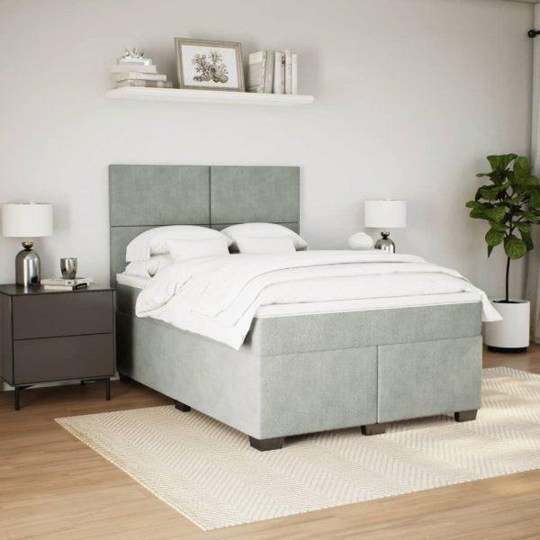 Pat box spring cu saltea, gri deschis, 140×190 cm, catifea
