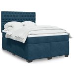 Pat box spring cu saltea, albastru, 140×190 cm, catifea