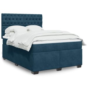 Pat box spring cu saltea, albastru, 140×190 cm, catifea