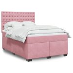 Pat box spring cu saltea, roz, 140×190 cm, catifea