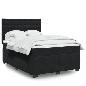 Pat box spring cu saltea, negru, 160×200 cm, catifea