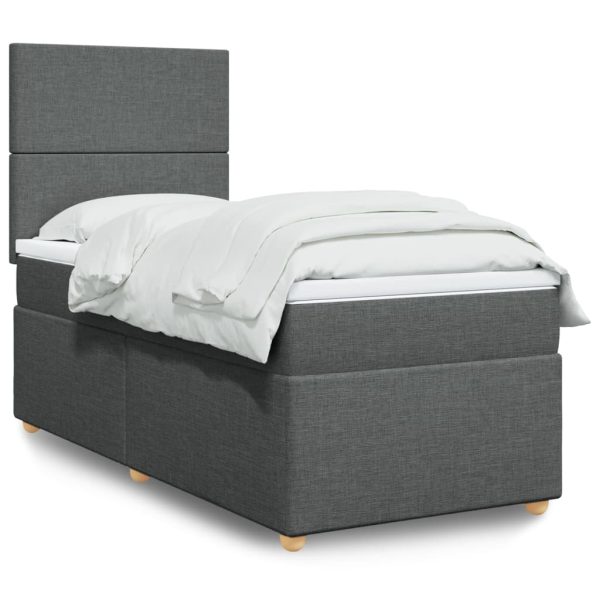 Pat box spring cu saltea, gri închis, 90×200 cm, textil