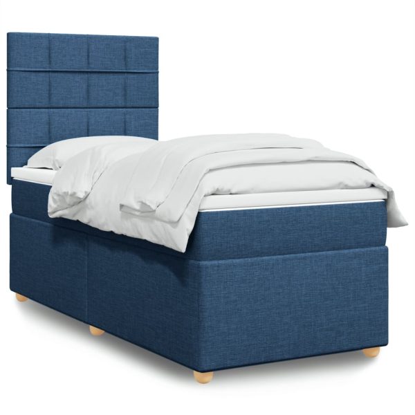 Pat box spring cu saltea, albastru, 90×200 cm, textil