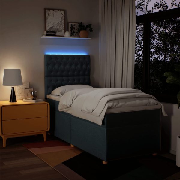 Pat box spring cu saltea, albastru, 90×200 cm, textil