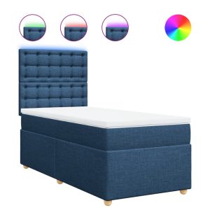 Pat box spring cu saltea, albastru, 90×200 cm, textil