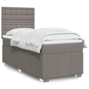 Pat box spring cu saltea, gri taupe, 90×200 cm, textil