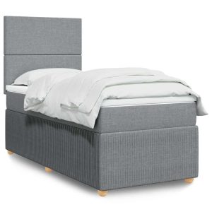 Pat box spring cu saltea, gri deschis, 90×190 cm, textil