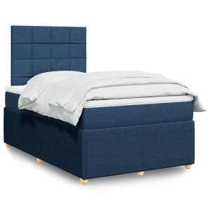 Pat box spring cu saltea, albastru, 120×200 cm, textil